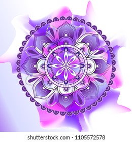 Flower Mandala. Printable package decorative elements. Oriental, mystic, alchemy pattern. Coloring page template. Vector illustration on purple