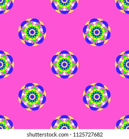 Flower mandala. Seamless pattern. Geometric symmetrical drawing. Pink background