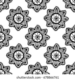 Flower mandala seamless pattern in hand drawn style for prints, fabric and ceramic. Vector illustration. 