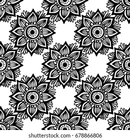 Flower mandala seamless pattern in hand drawn style for prints, fabric and ceramic. Vector illustration. 
