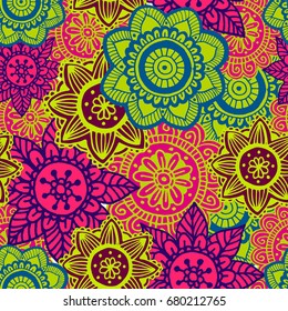 Flower mandala seamless pattern in hand drawn style for prints, fabric and ceramic. Vector illustration. 