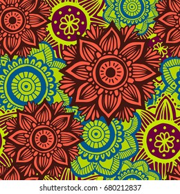 Flower mandala seamless pattern in hand drawn style for prints, fabric and ceramic. Vector illustration. 