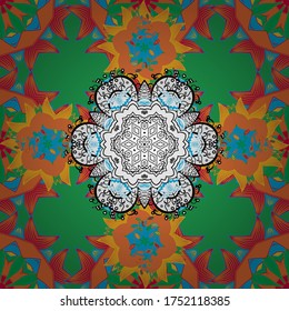 Flower Mandala seamless pattern. Islam, Arabic, Indian, ottoman motifs on a blue, orange and green colors. Vector Ethnic Oriental Circle Ornament.