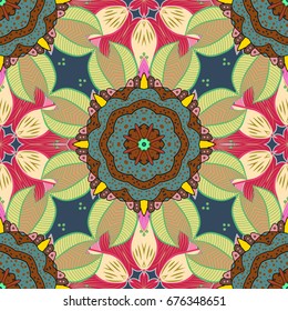 Flower Mandala seamless pattern. Vector Ethnic Oriental Circle Ornament. Islam, Arabic, Indian, ottoman motifs on a colorful background.