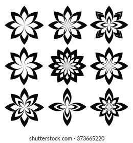 Flower mandala set. Vector stylized geometric spring flower isolated on white background. Eco sign, nature label. Decorative symmetric element for medical, ecological brands.