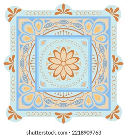 Flower mandala, square form. Blue and yellow colors. Vector illustration