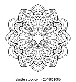Flower mandala with stylized leave elements, round shapes and striped patterns. For coloring book pages.