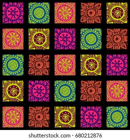 Flower mandala tiles in hand drawn style for prints, fabric and ceramic. Vector illustration. 