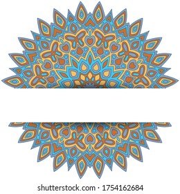 Blumenmandala Vektorkartenvorlage mit Textplatz. Spa Center Flyer Banner Design. Rundblumenmandala-Ornament mit Schmetterling, Herz, Blatt, Blütenblätter, Blumenelementen. Orientalische Medaille.