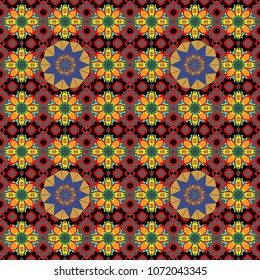 Flower mandala vector colorful background foin black, gray and yellow colors. Seamless pattern for cards, prints, textile, fabric, books covers or wrapping paper.