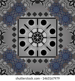 Flower mandala vector colorful background foin gray, beige and blue colors. Seamless pattern for cards, prints, textile, fabric, books covers or wrapping paper.