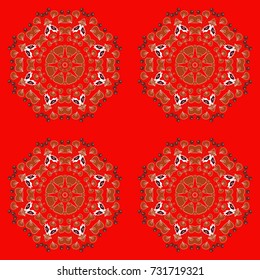 Flower mandala vector colorful background foin orange, white and red colors. Seamless pattern for cards, prints, textile, fabric, books covers or wrapping paper.