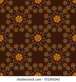 Flower mandala vector colorful background foin black, yellow and brown colors. Seamless pattern for cards, prints, textile, fabric, books covers or wrapping paper.
