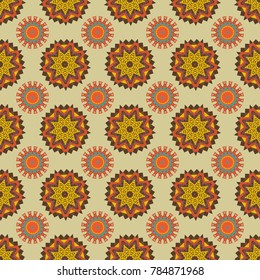 Flower mandala vector colorful background foin orange, brown and beige colors. Seamless pattern for cards, prints, textile, fabric, books covers or wrapping paper.