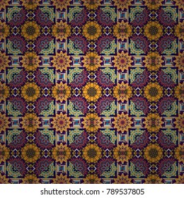 Flower mandala vector colorful background foin blue, brown and orange colors. Seamless pattern for cards, prints, textile, fabric, books covers or wrapping paper.