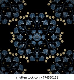 Flower mandala vector colorful background foin black, blue and beige colors. Seamless pattern for cards, prints, textile, fabric, books covers or wrapping paper.