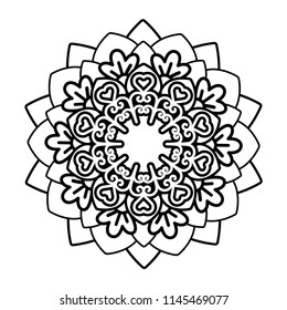 Flower mandala vector illustration. Adult coloring page. Circular abstract floral oriental pattern, vintage decorative elements. Isolated on white background