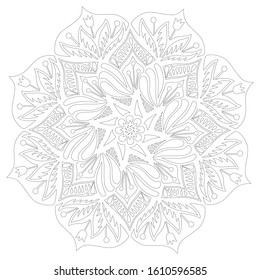 Flower mandala vector illustration. Adult coloring page. Circular abstract floral oriental pattern, vintage decorative elements. Isolated on white background