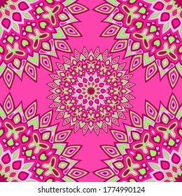 Flower mandala vector seamless pattern. Clothes print design. Round floral mandala ornament with butterfly, heart, leaf, petal, flower motifs. Indian medallion motif seamless wallpaper.