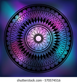 Flower Mandala. Vintage Oriental pattern, vector illustration. Islam, Arabic, Indian, moroccan,spain, turkish, pakistan, chinese, mystic, ottoman motifs.black lines on galaxy background.