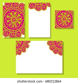 Flower mandala wedding invitations set in hand drawn style for prints, fabric and ceramic. Vector illustration. 