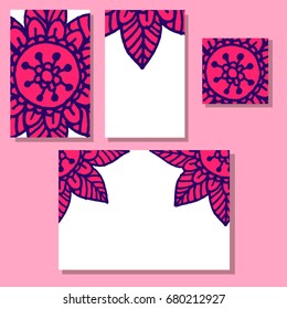 Flower mandala wedding invitations set in hand drawn style for prints, fabric and ceramic. Vector illustration. 