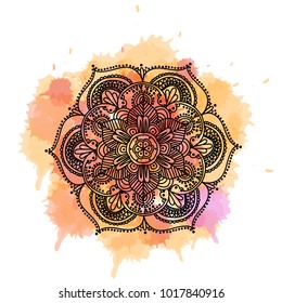 Flower Mandala with yellow watercolor splashes. Islam, Arabic, Indian, moroccan,spain, turkish, pakistan, chinese, mystic, ottoman motifs. Anti-stress therapy patterns. Yoga logos Vector.