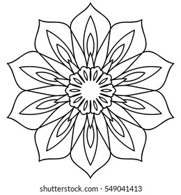 Flower Mandala.floral black pattern, isolated on white background. ornament. Monochrome mandala. Hand-drawn doodles natural snowflake. idea for greeting cards, invitations, prints, textiles, tattoo