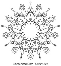 Flower Mandala.floral black pattern, isolated on white background. ornament. Monochrome mandala. Hand-drawn doodles natural snowflake. idea for greeting cards, invitations, prints, textiles, tattoo