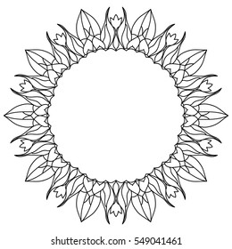 Flower Mandala.floral black pattern, isolated on white background. ornament. Monochrome mandala. Hand-drawn doodles natural snowflake. idea for greeting cards, invitations, prints, textiles, tattoo