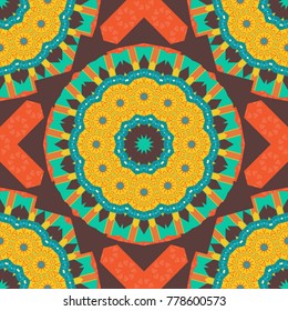 Flower Mandalas seamless pattern. Brown, blue and orange vintage decorative elements. Oriental pattern, Islam, Arabic, Indian, turkish, pakistan, chinese, mystic, ottoman motifs.