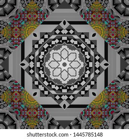 Flower Mandalas seamless pattern. Oriental pattern, Islam, Arabic, Indian, turkish, pakistan, chinese, mystic, ottoman motifs. Blue, brown and gray vintage decorative elements.