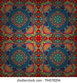 Flower Mandalas seamless pattern. Pink, blue and brown vintage decorative elements. Oriental pattern, Islam, Arabic, Indian, turkish, pakistan, chinese, mystic, ottoman motifs.