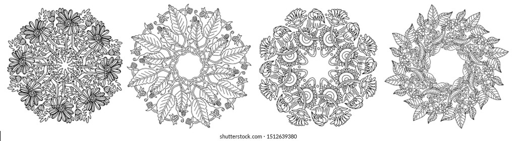 Flower Mandalas set. decorative elements. Oriental pattern, vector illustration. Coloring book page for adults