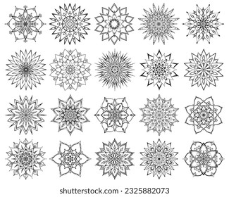 Flower mandalas set. Intricate and simple mandalas coloring pages. Symmetrical floral shapes for mindful coloring. Black outline on white background