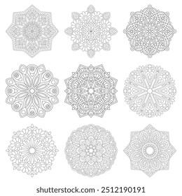 Mandalas de flores. Páginas de coloração complexas e simples das mandalas