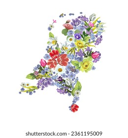 
Flower map of Netherlands card made of flowers with the symbol of the country, a tulip. Isolate on a white background, a card of realistic flowers. vector illustration.