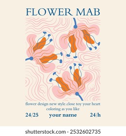 flower map. oversize stylish t-shirt and apparel abstract design with flower and text . Vector print, typography, poster. Global swatches, symbol, vintage design