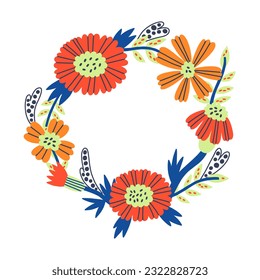 Flower Marigold circle frame for text in vector hand drawn style. Floral Botanical bouquet round border with leaves. Greeting card, wedding banner, invitation design