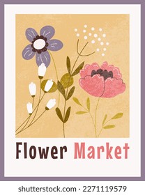 Flower Market abstract poster. Contemporary blossom flowers printable wall art. Aesthetic botanical placard, brochure, cover, card frame. Vector illustration