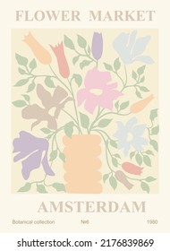 Flower market abstract poster. Trendy botanical wall arts with floral design in danish pastel colors. Modern naive groovy funky interior decorations, paintings. Vector art illustration.