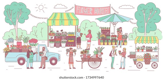 Flower market banner with cartoon people selling and buying flowers outdoor from booth, stall and truck. Floral fair in summer park with house plants and bouquets, vector illustration.