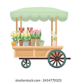 Flower market cart with early spring garden flowers in pots. Floral design elements for mother's day, Valentine's Day, birthday. Vector illustration style isolated on white background.