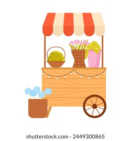 Flower market cart on wheels. Flowers compositions, flowers bouquets buying cartoon vector illustration