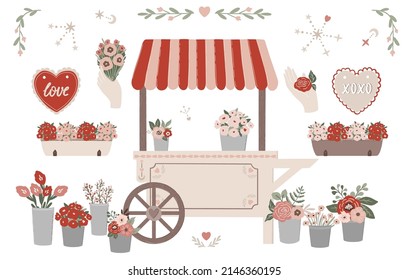 Flower market cart and flower pots illustration in hand drawn boho natural scandinavian style isolated on white background. Clipart for planner stickers