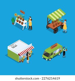 Flower market cart shop set 3d isometric vector illustration concept for banner, website, landing page, ads, flyer template