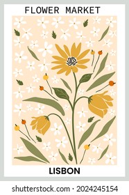 Flower market inspired poster for Gallery wall. Floral illustration with yellow and white flowers. Perfect for wall art, greeting card and invitation.