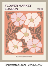 Afiche abstracto del Mercado de Flores de Londres. Arte mural botánico de moda, diseño floral vintage en tonos pastel. Decoración moderna e ingenua, en tonos rojizos, con decoración hippie, pintura. Ilustración vectorial Retro 80