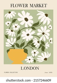 Flower market London poster for gallery wall. Abstract floral contemporary art with decorative flowers. Modern botanical print. Vintage style hand drawn vector illustration. Perfect for wall art.