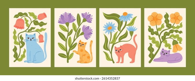 Flower market modern trendy poster set with cute pastel cats, kittens and flowers. Vector card with plants, flowers, leaves, botanical elements collection. Hand drawn illustrations with gentle kitties